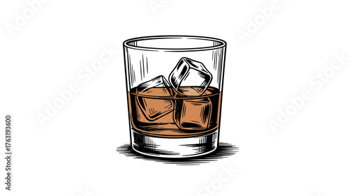 Refreshing amber whiskey served neat with ice in a clear glass, perfect for a relaxing evening.