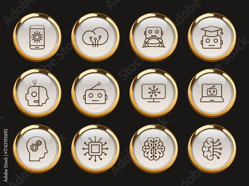 artificial intelligence gold rimmed vector icons. artificial intelligence icon set for web and ui design, mobile apps, print polygraphy and promo advertising business.