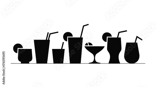 Assortment of refreshing silhouette cocktails with garnishes and straws, perfect for summer celebrations.