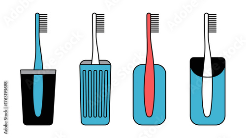 Four colorful toothbrushes neatly stored in individual holders, representing dental hygiene essentials.