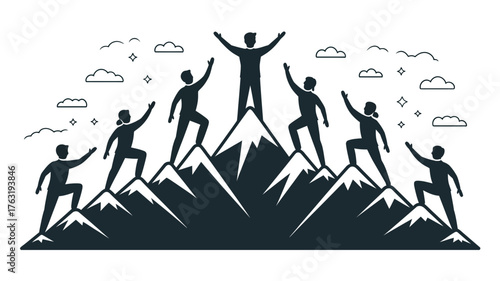 Team celebrates reaching mountain summit together, symbolizing achievement and success