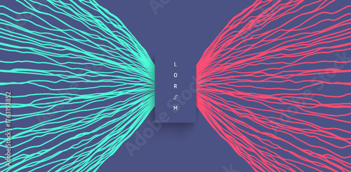 Two touching objects consisting of points. Grid. Electric or magnetic fields. Energy flows of blue lines on a black background. Scientific illustration. 3d vector for flyer, poster, cover or brochure.