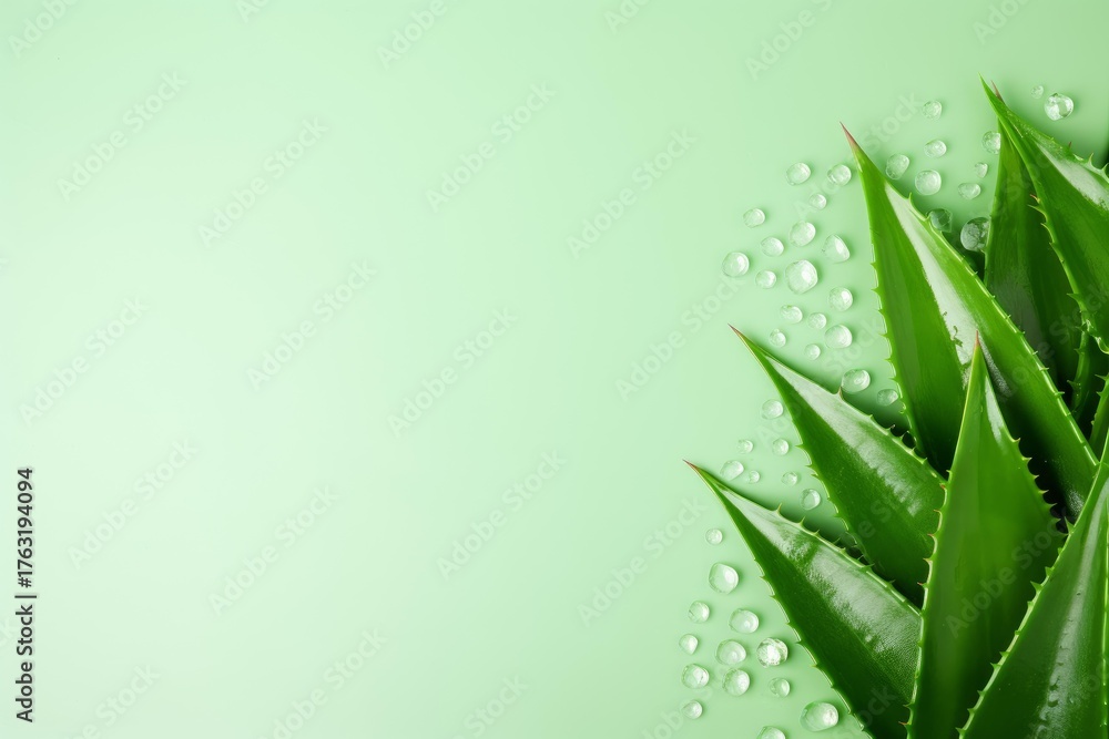Obraz premium Aloe vera leaves with water drops arranged on a green background evoke freshness and natural wellness, ideal for skincare and healthcare products