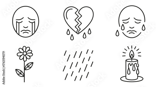 Iconography representing sadness, grief, and loss with symbolic elements like tears, a broken heart, rain, and a candle.