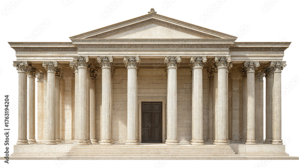 Fototapeta premium Tan Doric style facade featuring five tall stone columns and a partially visible triangular pediment on white background