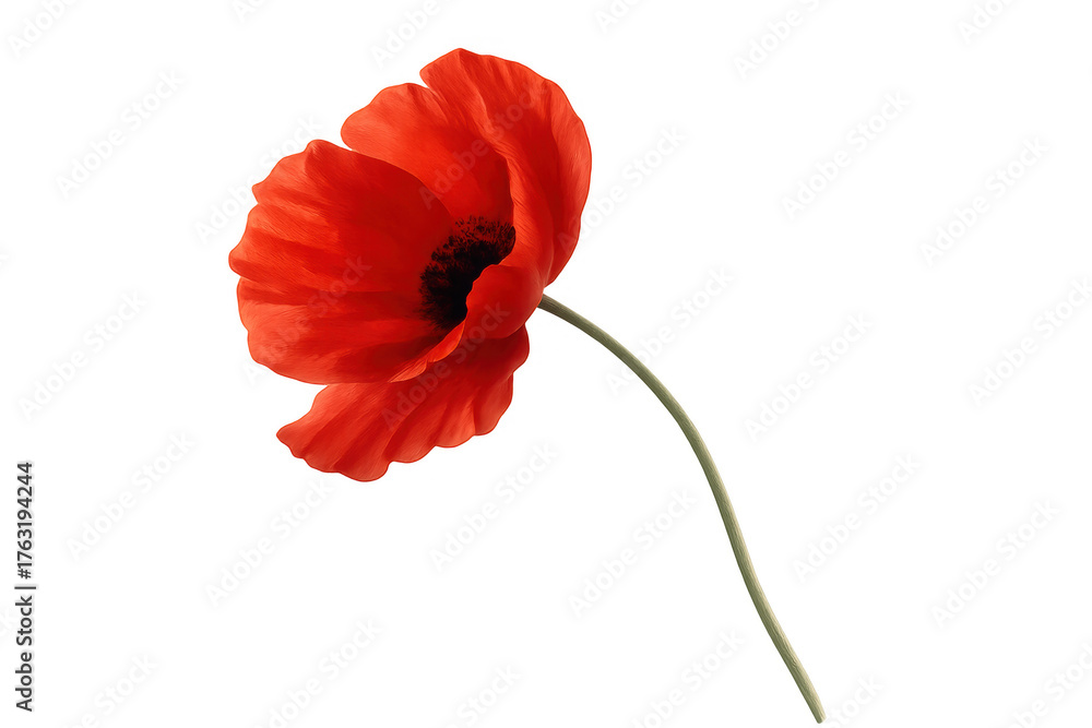 Obraz premium Red poppy flower with soft petals blooming, symbolizing remembrance and peace, isolated on transparent background