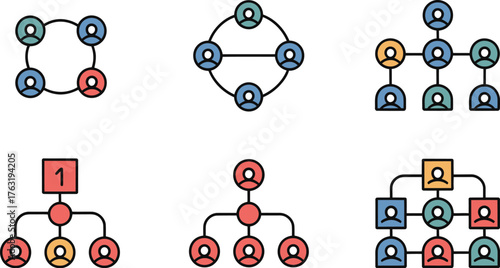 Diverse organizational structures and team connections visualized with colorful icons.