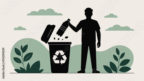 Person silhouette recycling plastic bottle into bin with green nature background