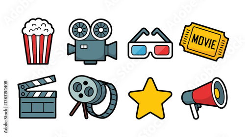 Collection of cinematic icons representing movie entertainment and filmmaking