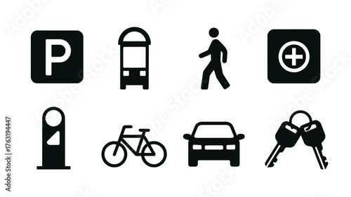 Collection of modern transportation and service icons for urban navigation