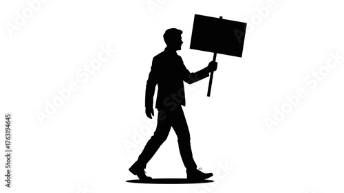 Silhouette of a man in a suit walking and holding a blank sign