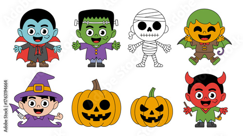 Whimsical Halloween characters including a vampire, Frankenstein, mummy, boy, and devil with pumpkins.