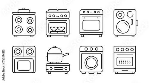 Collection of stylized line art illustrations of various kitchen stoves and ovens