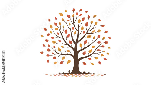 Vibrant autumn tree with falling leaves against a clean white background