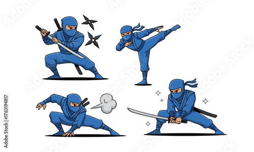 Cartoon Blue Ninja Character Action Poses Set