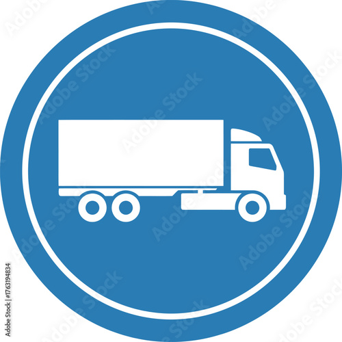 White semi truck silhouette inside blue circle with white border lorry vehicle