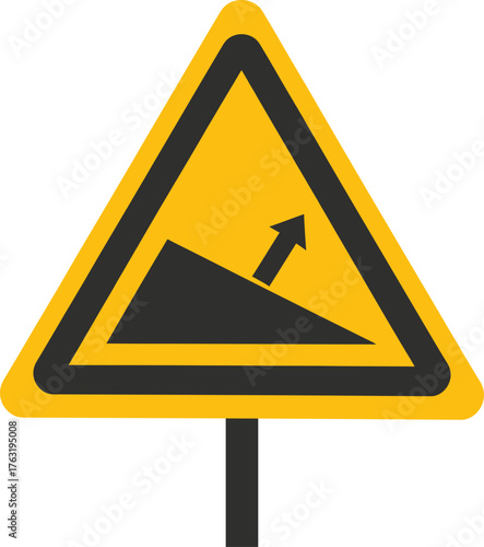 Yellow triangle warning sign with black arrow pointing uphill on a pole vector