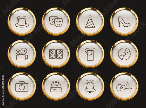 party gold rimmed vector icons. party celebration gold rimmed icon set for web and ui design, mobile apps and print polygraphy