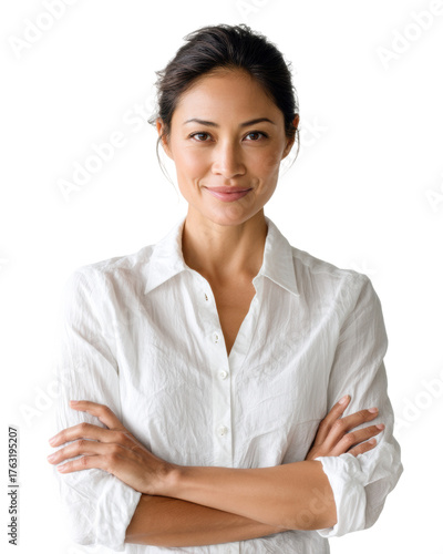 Confident female leader arms crossed portrait confident smile, isolated transparent Background