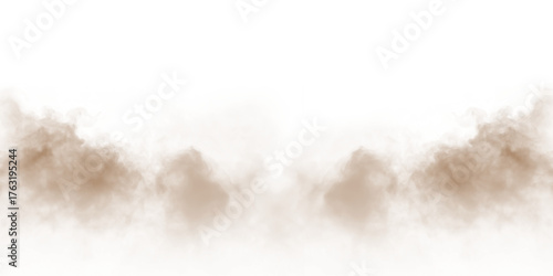 Dust sand soil smoke cloud particles isolated on transparent white background. Brown sandstorm smog sand dust explosion rising. Design elements for Compositing, covering, overlay, PNG