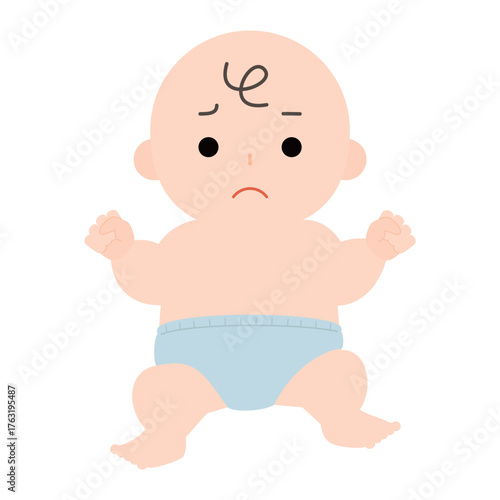 困り顔のおむつ姿の赤ちゃん