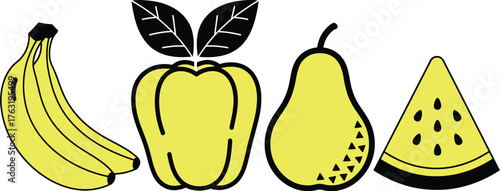 Yellow fruit vector illustration banana pear watermelon plum