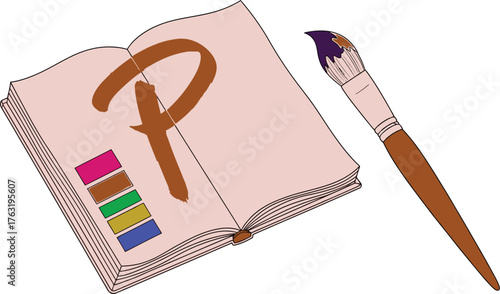 Illustration of art supplies with paintbrush and open sketchbook