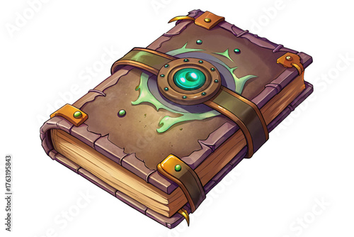 Old leather journal vector with faded ink and cryptic symbols, emitting strange aura of haunted mystery, on white isolated background
