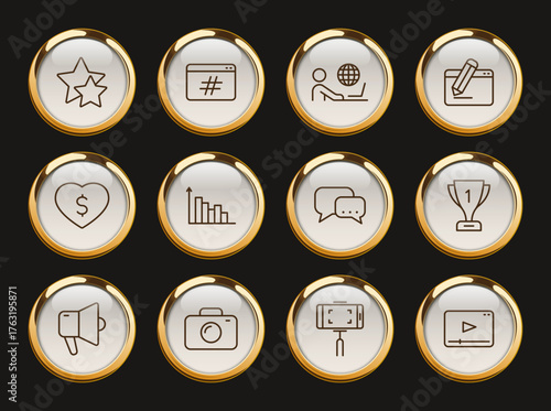 blog gold rimmed vector icons. blogger gold rimmed icon set for web and ui design, mobile apps and print polygraphy