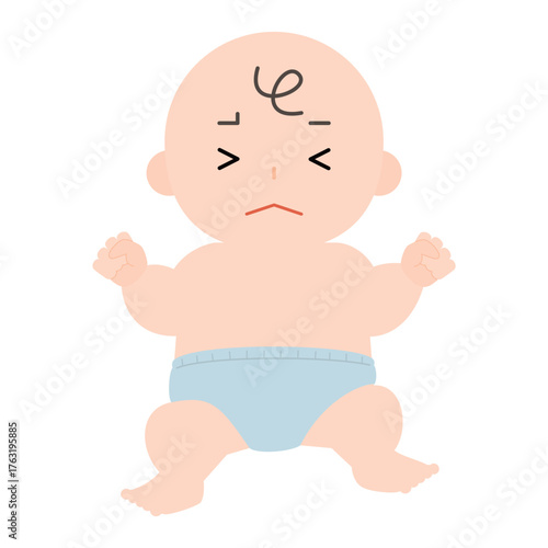 泣きそうなおむつ姿の赤ちゃん