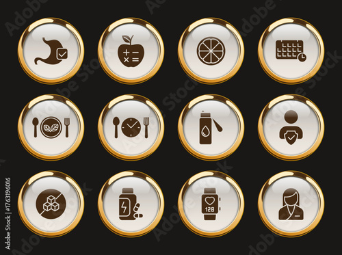 nutrition gold rimmed icons. nutrition gold rimmed icon set for web, mobile apps, ui design, print polygraphy and promo advertising business
