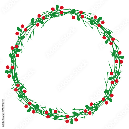 Tiempo de Navidad. Logo con corona navideña circular de ramitas, hojas y bayas de muérdago o acebo para tarjetas y felicitaciones