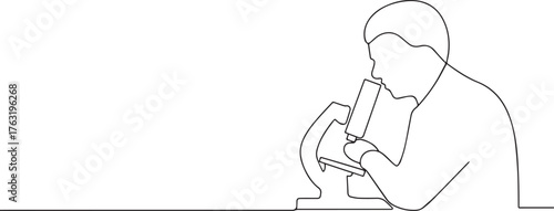 Scientist holding a microscope one continuous line art, Vector illustration, One line art, Line art graphic style