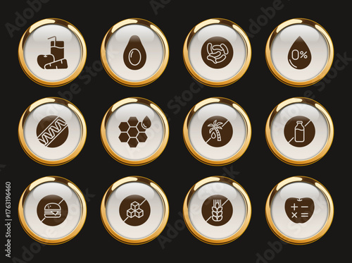 healthy food gold rimmed icons. healthy food gold rimmed icon set for web, mobile apps, ui design, print polygraphy and promo advertising business