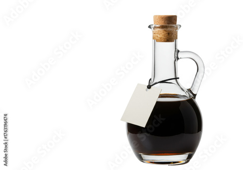 Fotografi Isolated vinegar glass bottle with cork stopper and blank label for balsamic bra