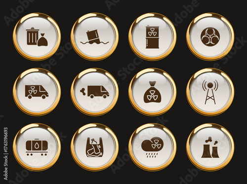 pollution gold rimmed vector icons. pollution gold rimmed icon set for web, mobile apps, ui design and print polygraphy