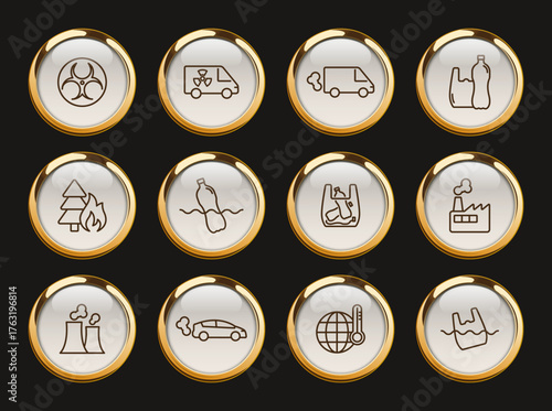 pollution gold rimmed vector icons. pollution icon set for web and ui design, mobile apps and print polygraphy and promo advertising business