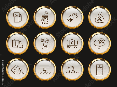 pollution gold rimmed vector icons. pollution gold rimmed icon set for web and ui design, mobile apps and print polygraphy