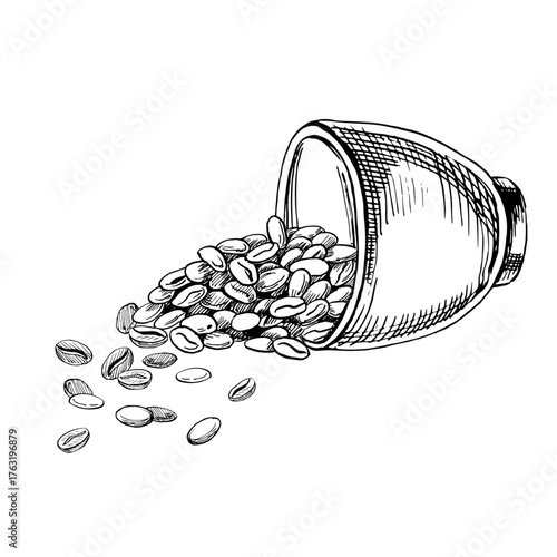 A lying cup with coffee beans. A realistic coffee-themed vector illustration for coffee shop interiors, menu design, packaging printing, kitchen accessories, and textiles.