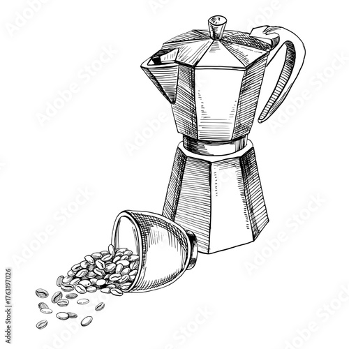A geyser coffee maker with a cup and coffee beans. A realistic vector illustration for coffee shop interiors, menu design, packaging, kitchen accessories, and textiles.
