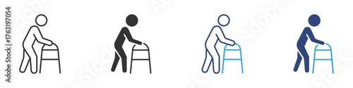 Elderly  Person Using a Walker for Mobility Assistance icon set, vector illustration . 