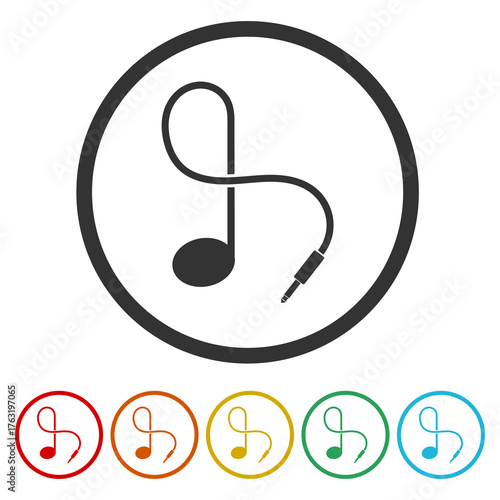Music note with Audio jack icon. Set icons in color circle buttons