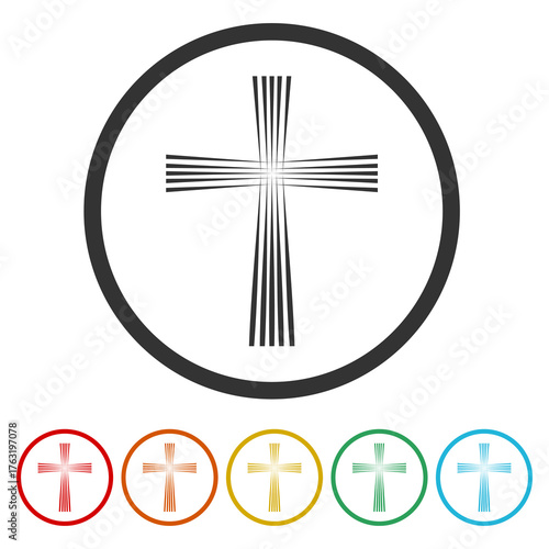 Church Cross emblem template. Set icons in color circle buttons