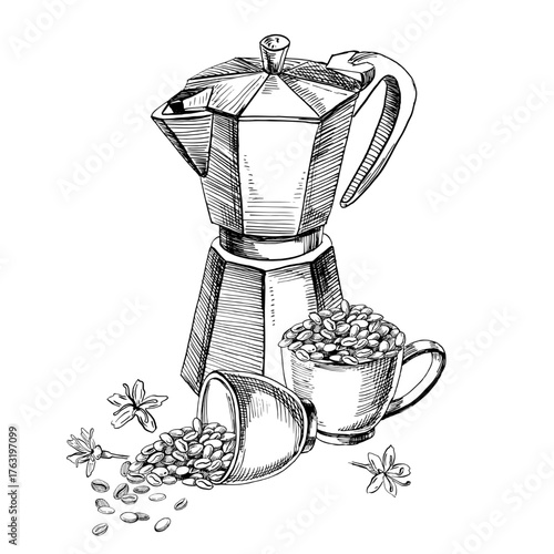 A geyser coffee maker with two cups of coffee beans and flowers. Realistic vector illustration for coffee shop interiors, menu design, packaging, kitchen accessories, and textiles.