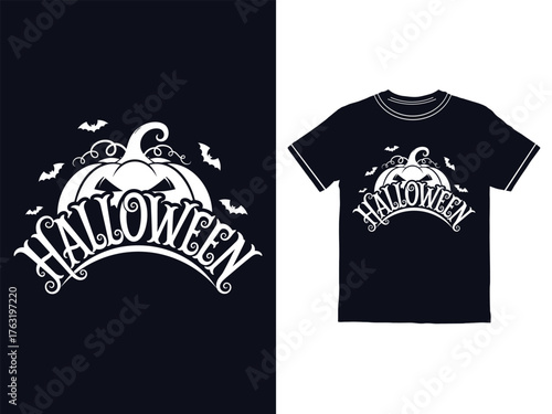 Halloween T shirt design with pumpkin and bats illustration vector
