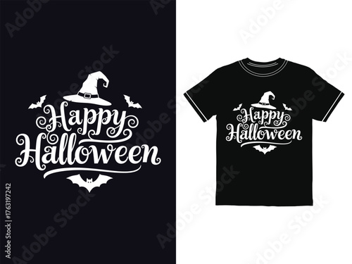 Happy Halloween design with witch hat and bats for t shirt