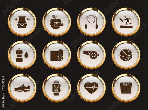 fitness gold rimmed vector icons. fitness gold rimmed icon set for web, mobile apps, ui design and print polygraphy