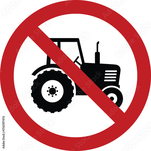 Black tractor silhouette inside red prohibition circle with diagonal line agriculture vehicle