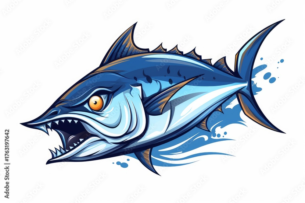 Obraz premium Illustration of an aggressive tuna fish baring its teeth while swimming in the ocean, creating a powerful and dynamic image