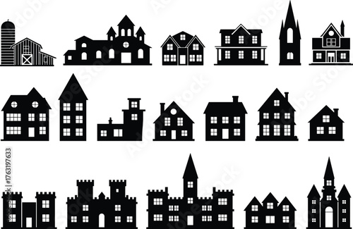 Architectural silhouette set, rural barns, residential homes, churches and castles, black vector icons, diverse building styles for design inspiration